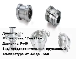 Клапан нержавеющий 65 17нж23нж Ру40 предохранительный, пружинный от -60 до +560
